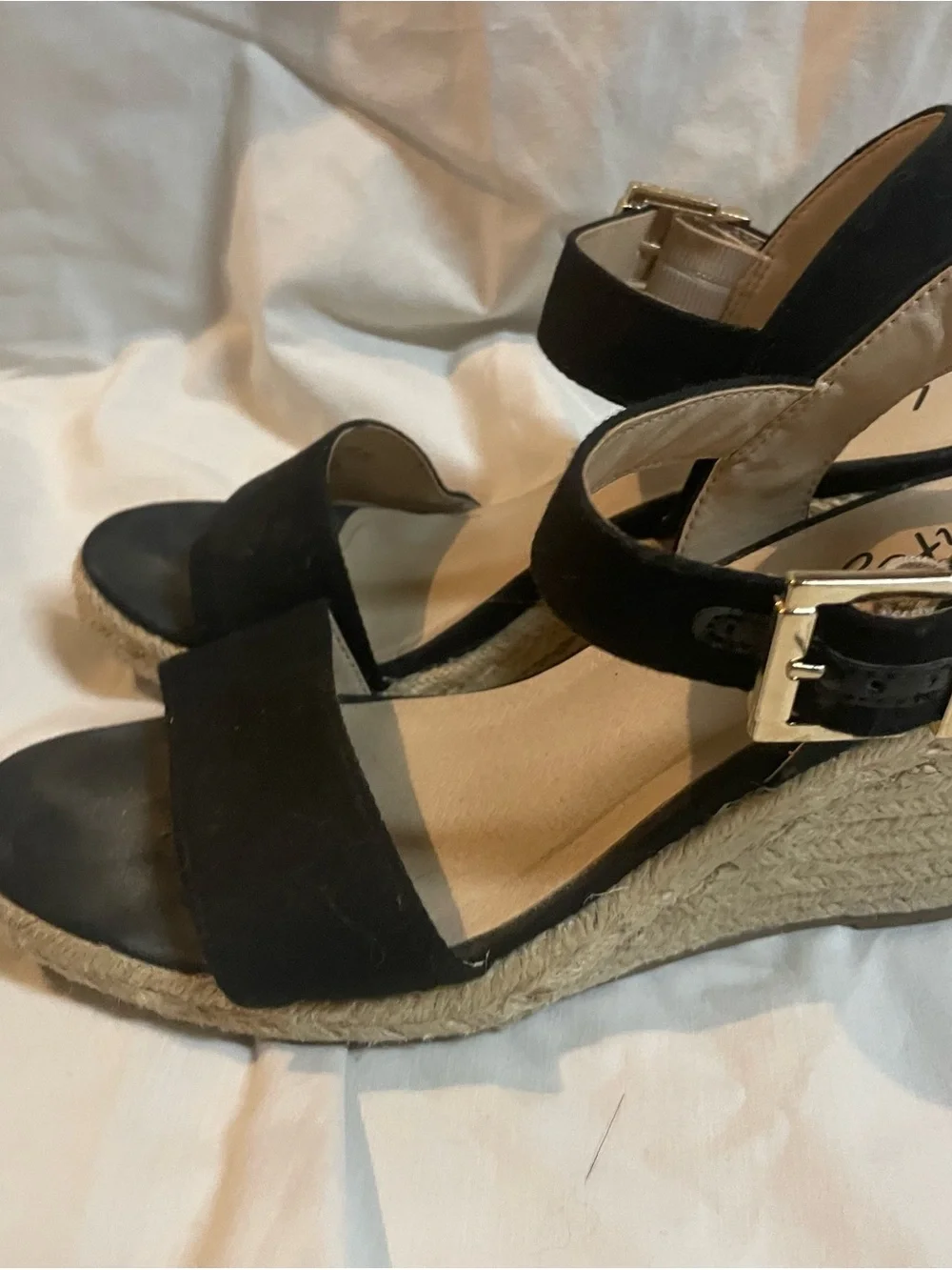 Life Stride Black Espadrille Wedge Sandals with Gold Buckle